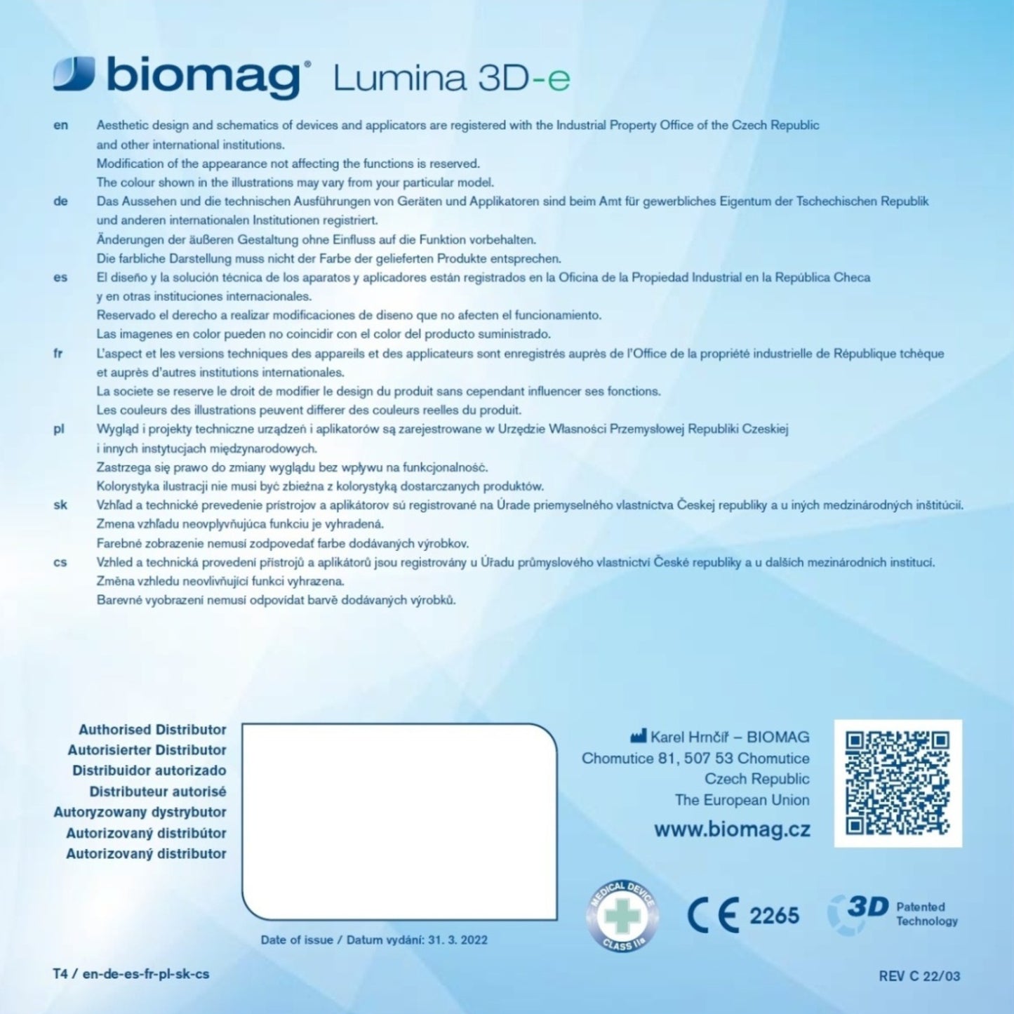 Návod k použití Biomag Lumina 3D-e – EN-DE-ES-FR-PL-SK-CS
